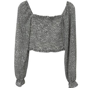 Japna Womens Grey Animal Print Smocked Long Sleeve Crop Top Size M Square Neck